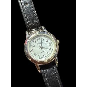Vivani Women's Quartz Wristwatch Silver Tone Case Black Leather Band Classic